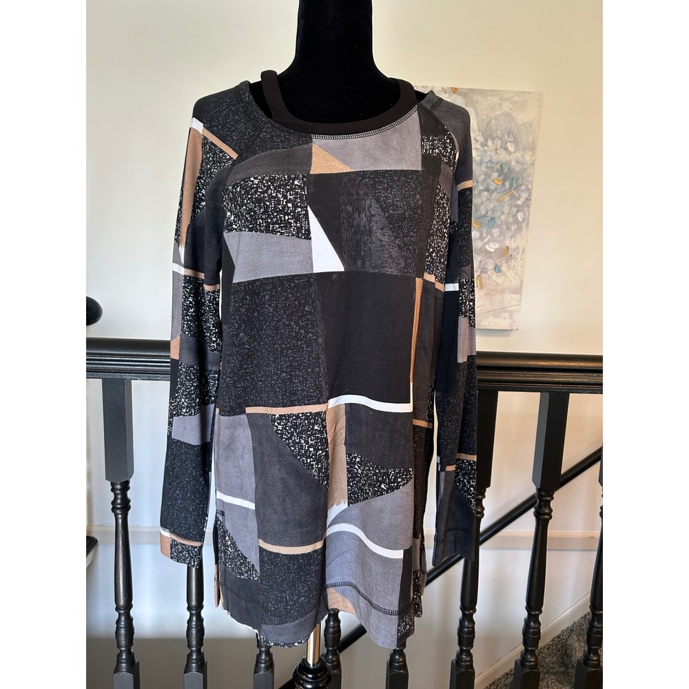 Relax by Lynn Ritchie Geometric Cold Shoulder Tunic Top Black Grey Tan M 10772